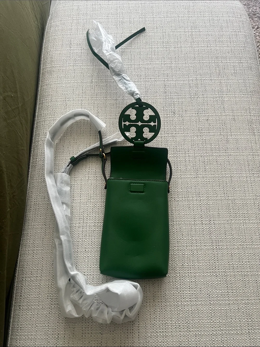 Tory Burch Emerald Green Leather Crossbody Phone Pouch with Gold Logo